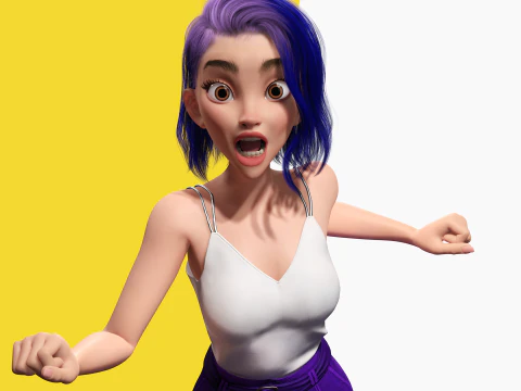 Purple Hair Rigged Stylized 3D Girl with Vibrant Hair 3D Model