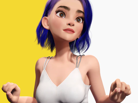 Purple Hair Rigged Stylized 3D Girl with Vibrant Hair 3D Model