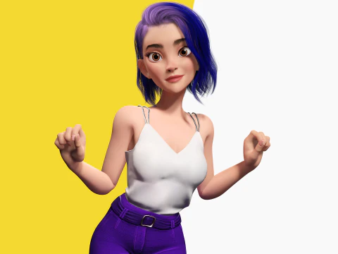Purple Hair Rigged Stylized 3D Girl with Vibrant Hair 3D Model