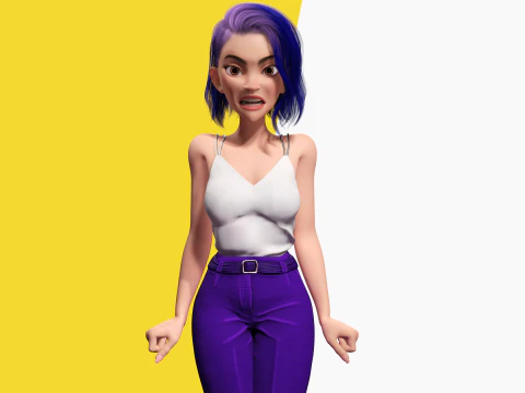 Purple Hair Rigged Stylized 3D Girl with Vibrant Hair 3D Model