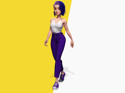 Purple Hair Rigged Stylized 3D Girl with Vibrant Hair 3D Model