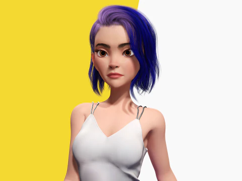 Purple Hair Rigged Stylized 3D Girl with Vibrant Hair 3D Model