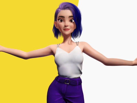 Purple Hair Rigged Stylized 3D Girl with Vibrant Hair 3Dモデル