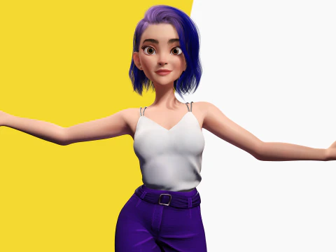 Purple Hair Rigged Stylized 3D Girl with Vibrant Hair 3D Model