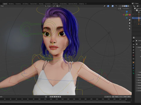 Purple Hair Rigged Stylized 3D Girl with Vibrant Hair 3D Model