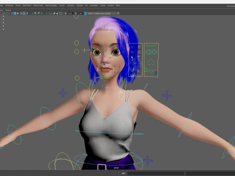 Purple Hair Rigged Stylized 3D Girl with Vibrant Hair 3D Model