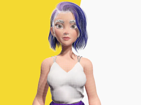 Purple Hair Rigged Stylized 3D Girl with Vibrant Hair 3D Model