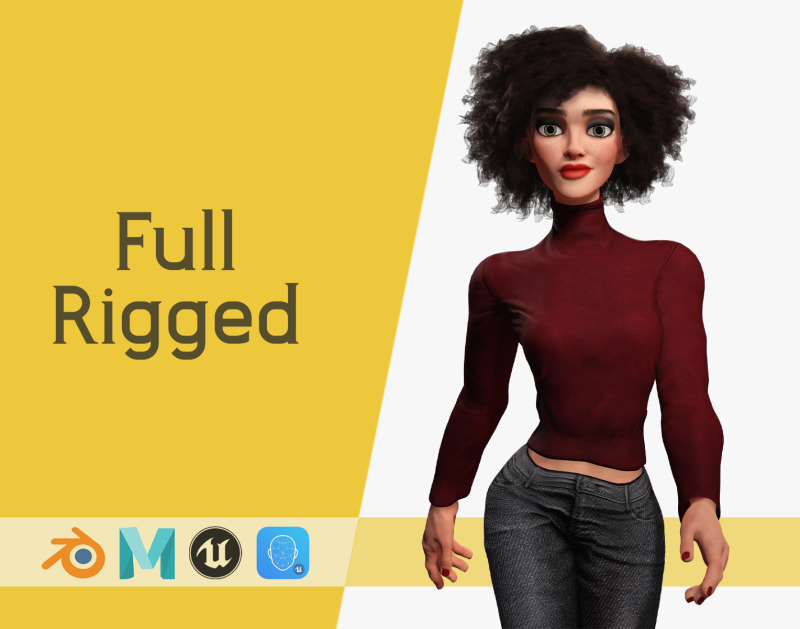 Red Turtleneck Rigged Stylized Young Woman 3D Character 3D Model .c4d .max .obj .3ds .fbx .stl .blend