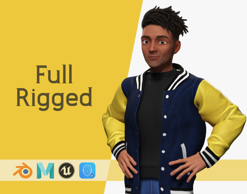 Varsity Jacket Rigged Stylized Toon 3D Male Character Modelo 3D .c4d .max .obj .3ds .fbx .stl .blend