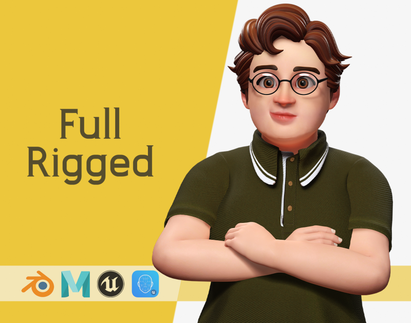 Nerdy Guy with Glasses and Curly Hair Stylized 3D 3D मॉडल .c4d .max .obj .3ds .fbx .stl .blend