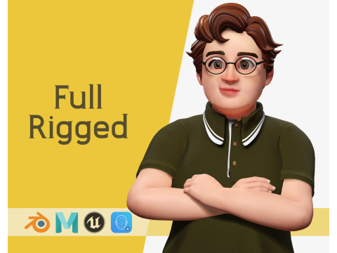 Nerdy Guy with Glasses and Curly Hair Stylized 3D 3D Модель