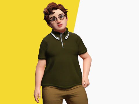 Nerdy Guy with Glasses and Curly Hair Stylized 3D 3D Model