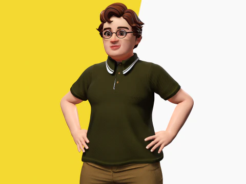 Nerdy Guy with Glasses and Curly Hair Stylized 3D 3D Model