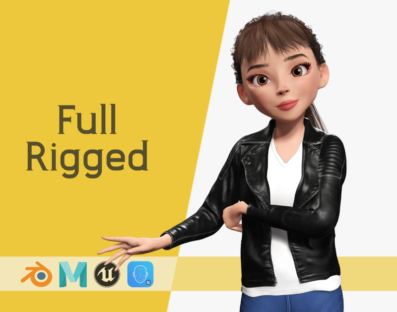 Trendy Girl with Leather Jacket Stylized 3D Female Character 3D 모델 .c4d .max .obj .3ds .fbx .stl .blend