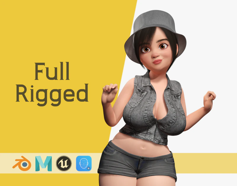 Curvy Girl in Denim Outfit Rigged Stylized 3D Female Charact 3D Model .c4d .max .obj .3ds .fbx .stl .blend 