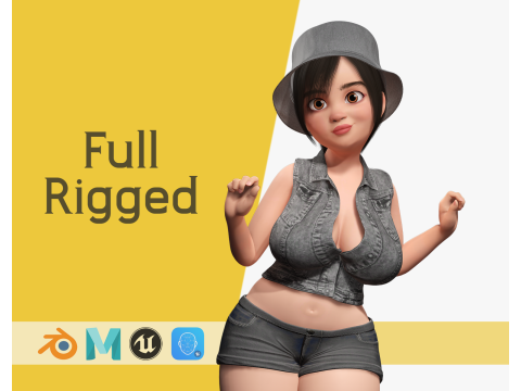 Curvy Girl in Denim Outfit Rigged Stylized 3D Female Charact 3D Model