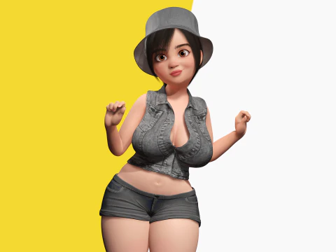 Curvy Girl in Denim Outfit Rigged Stylized 3D Female Charact 3D Model