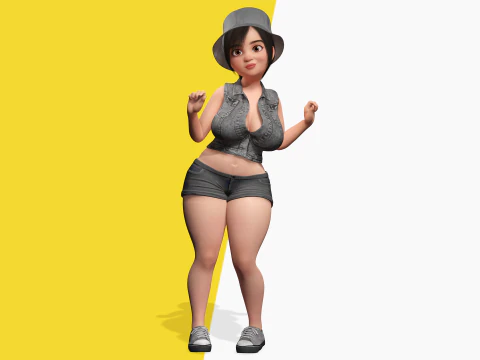 Curvy Girl in Denim Outfit Rigged Stylized 3D Female Charact 3D Model