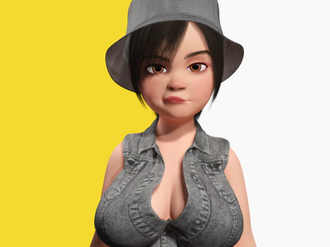 Curvy Girl in Denim Outfit Rigged Stylized 3D Female Charact 3D Model