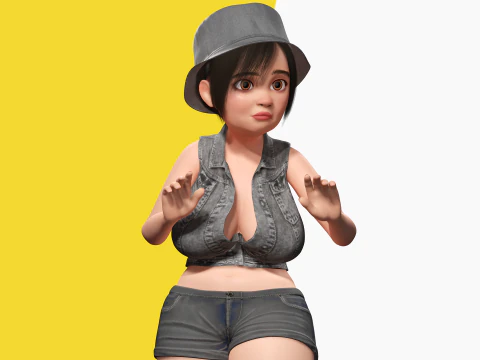 Curvy Girl in Denim Outfit Rigged Stylized 3D Female Charact 3D Model