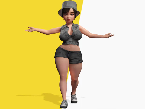 Curvy Girl in Denim Outfit Rigged Stylized 3D Female Charact 3D Model