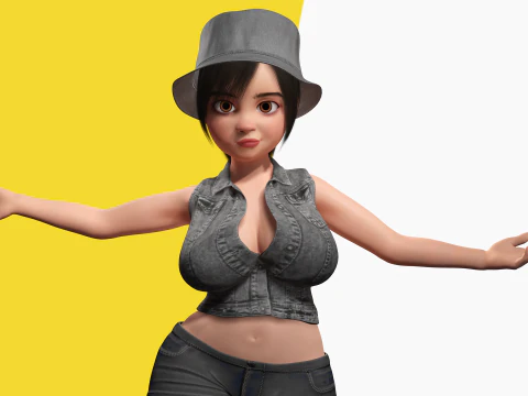 Curvy Girl in Denim Outfit Rigged Stylized 3D Female Charact 3D Model