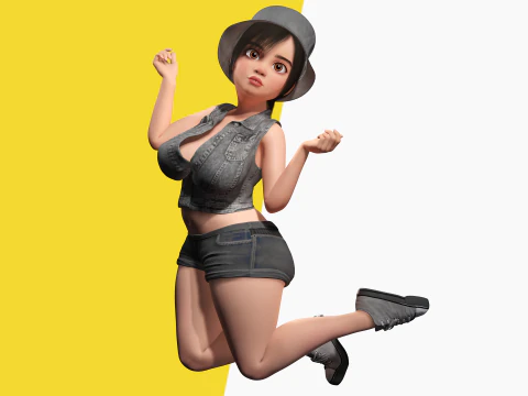 Curvy Girl in Denim Outfit Rigged Stylized 3D Female Charact 3D Model