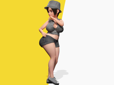 Curvy Girl in Denim Outfit Rigged Stylized 3D Female Charact 3D Model