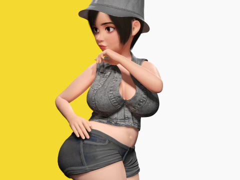 Curvy Girl in Denim Outfit Rigged Stylized 3D Female Charact 3D Model