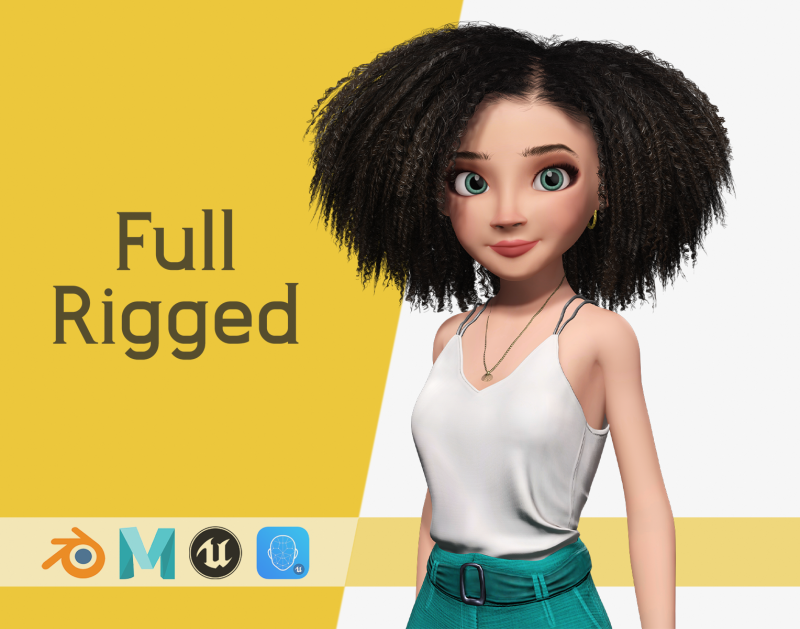 Natural Curly Hair Rigged Stylized 3D Female Expressive Char Modelo 3D .c4d .max .obj .3ds .fbx .stl .blend