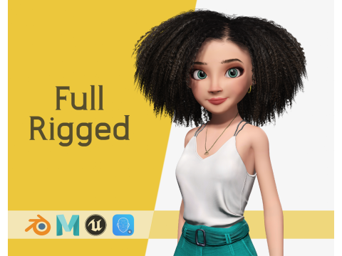 Natural Curly Hair Rigged Stylized 3D Female Expressive Char 3D Model