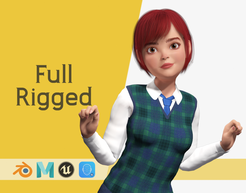 Red Hair and School Outfit Rigged Stylized High School Girl 3D Model .c4d .max .obj .3ds .fbx .stl .blend