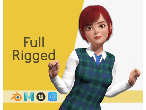 Red Hair and School Outfit Rigged Stylized High School Girl 3D Model