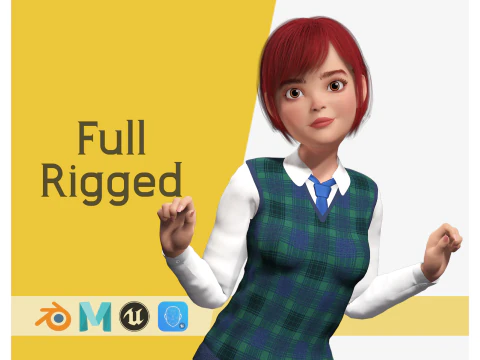 赤髪と学校衣装の様式化された女子高生 3Dモデル