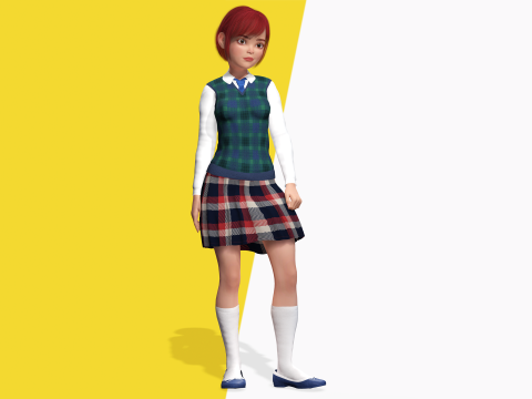 Red Hair and School Outfit Rigged Stylized High School Girl 3D Model