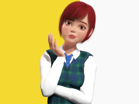 Rambut Merah dan Pakaian Sekolah Gadis SMA Bergaya Rigged Model 3D