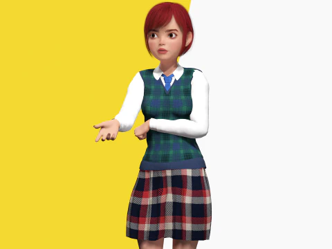 Rambut Merah dan Pakaian Sekolah Gadis SMA Bergaya Rigged Model 3D