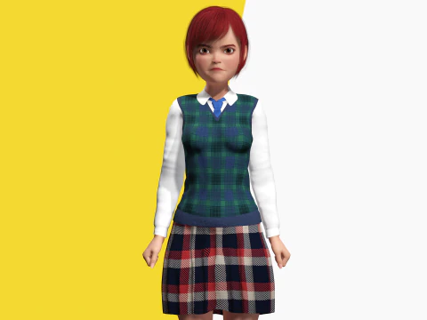 Rambut Merah dan Pakaian Sekolah Gadis SMA Bergaya Rigged Model 3D
