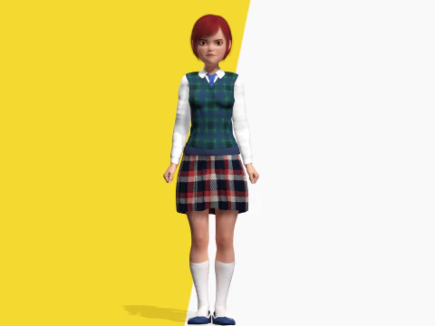 Rambut Merah dan Pakaian Sekolah Gadis SMA Bergaya Rigged Model 3D