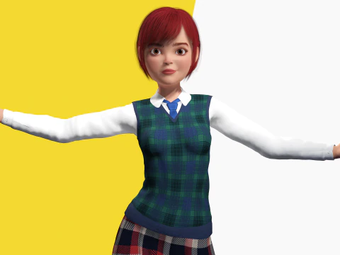 Rambut Merah dan Pakaian Sekolah Gadis SMA Bergaya Rigged Model 3D