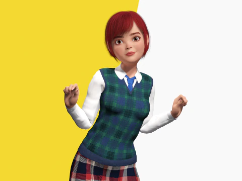 Rambut Merah dan Pakaian Sekolah Gadis SMA Bergaya Rigged Model 3D