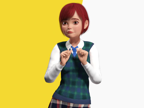 Rambut Merah dan Pakaian Sekolah Gadis SMA Bergaya Rigged Model 3D