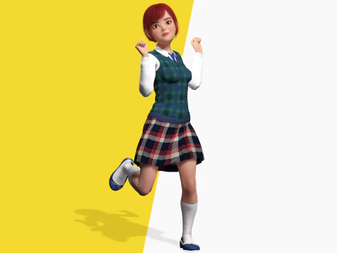 Rambut Merah dan Pakaian Sekolah Gadis SMA Bergaya Rigged Model 3D