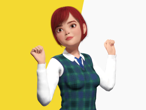 Rambut Merah dan Pakaian Sekolah Gadis SMA Bergaya Rigged Model 3D