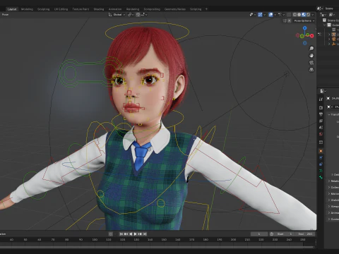 Rambut Merah dan Pakaian Sekolah Gadis SMA Bergaya Rigged Model 3D