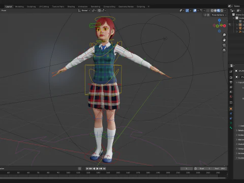 Rambut Merah dan Pakaian Sekolah Gadis SMA Bergaya Rigged Model 3D