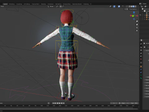 Rambut Merah dan Pakaian Sekolah Gadis SMA Bergaya Rigged Model 3D