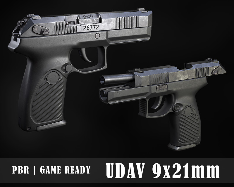 Handgun Udav 9x21 Low-poly 3D Model .c4d .max .obj .3ds .fbx .stl .blend