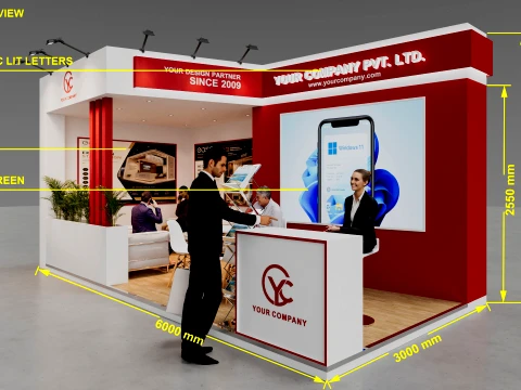 6m x 3m Corner Exhibition Stall Booth Design 3D Model