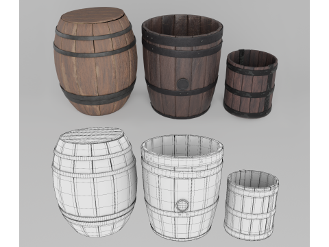 Wooden barrels set Modello 3D